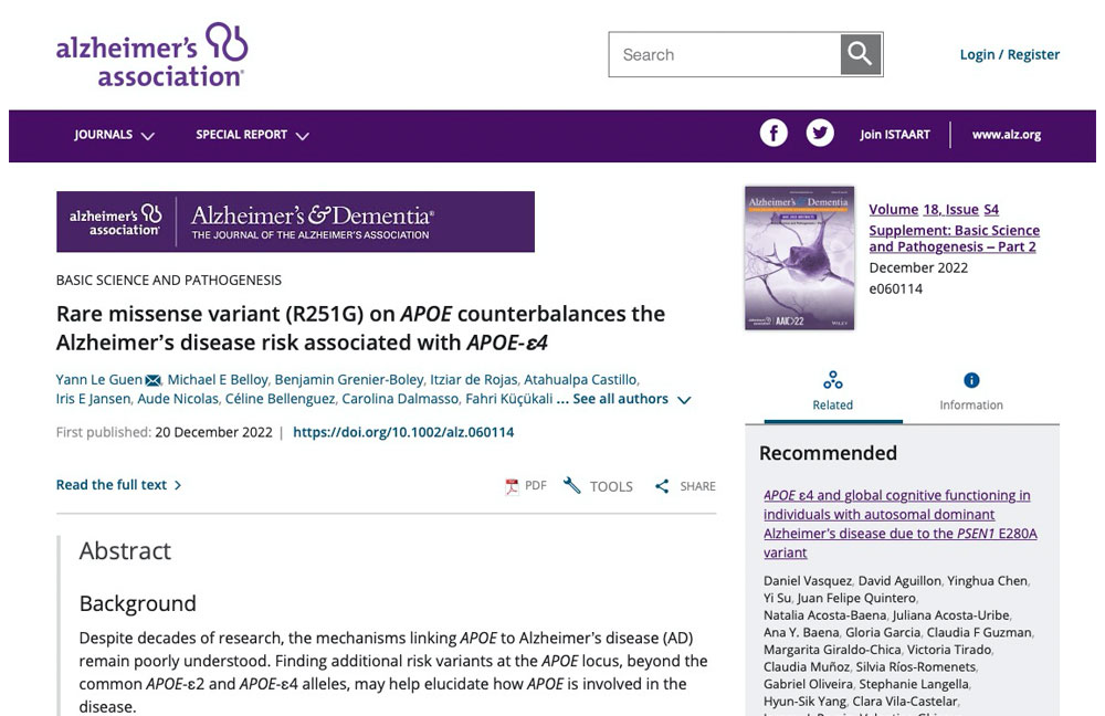 Variante en APOE contrarresta el riesgo de enfermedad de Alzheimer asociado a APOE-ε4